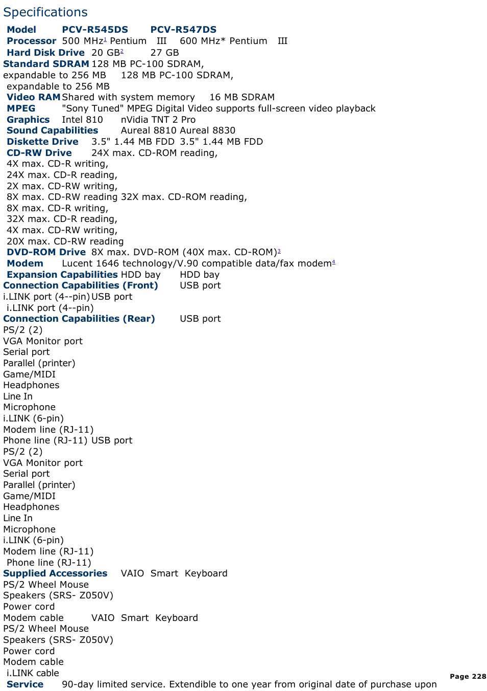 Specifications | Sony PCV-R545DS User Manual | Page 228 / 439