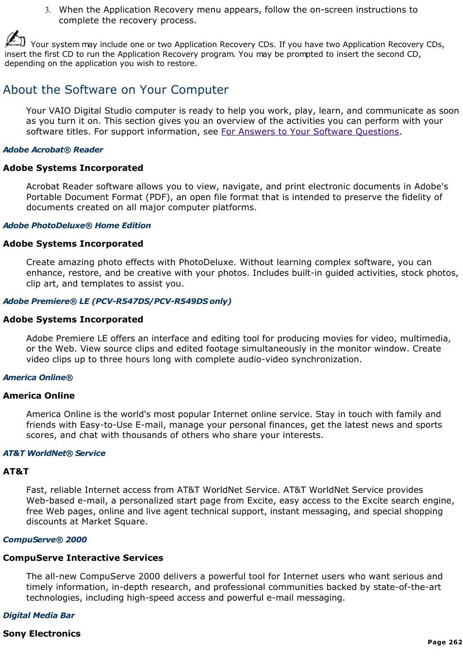 About the software on your computer | Sony PCV-R545DS User Manual | Page 262 / 439