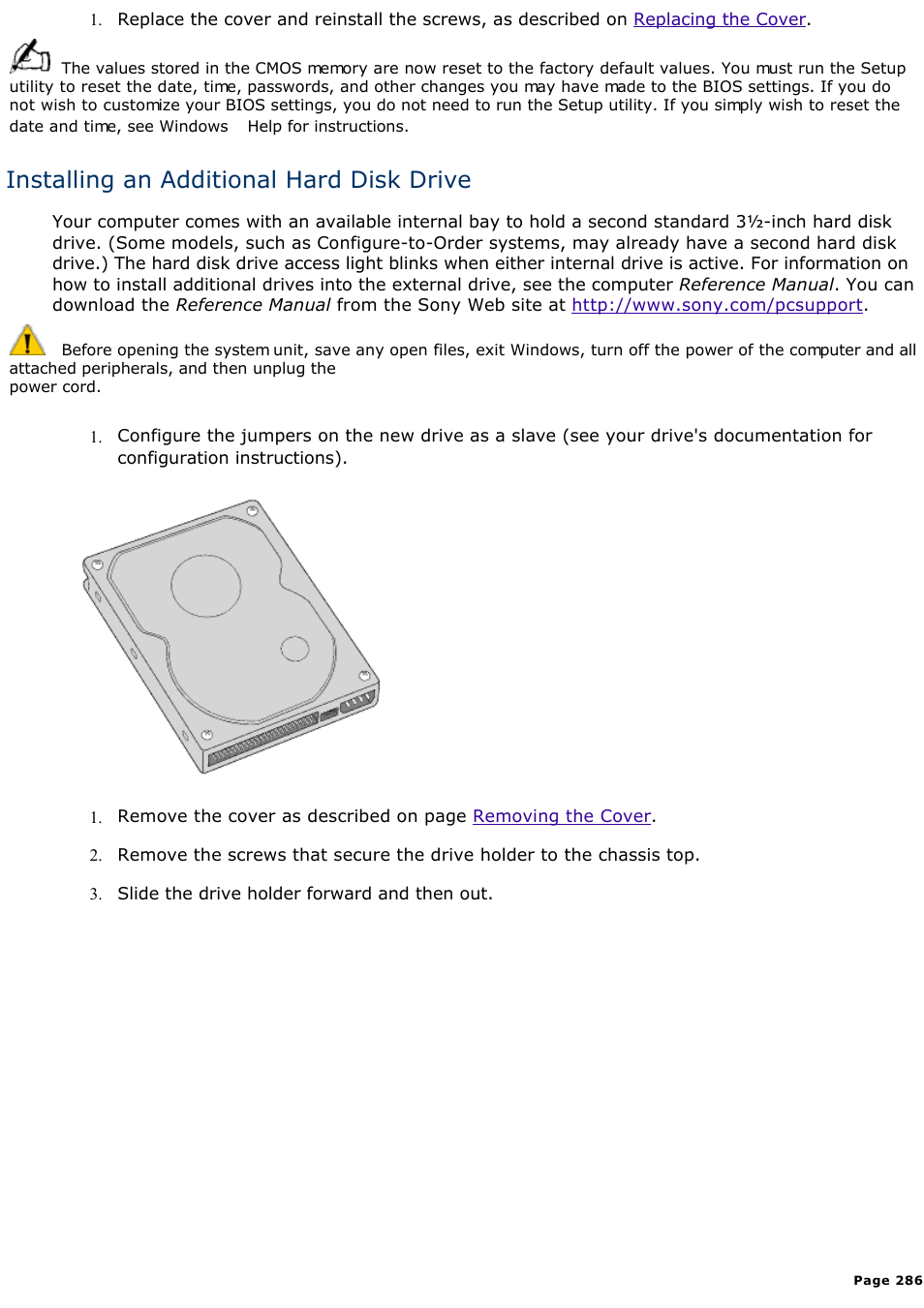 Installing an additional hard disk drive | Sony PCV-R545DS User Manual | Page 286 / 439