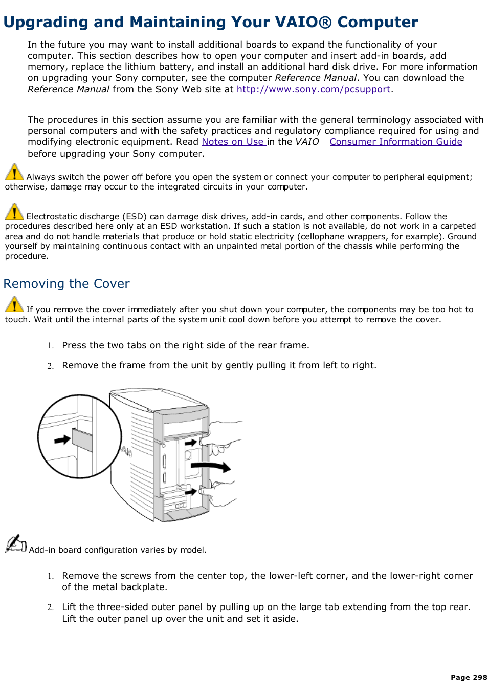 Inserting an add-in board, Upgrading and maintaining your vaio® computer, Removing the cover | Sony PCV-R545DS User Manual | Page 298 / 439