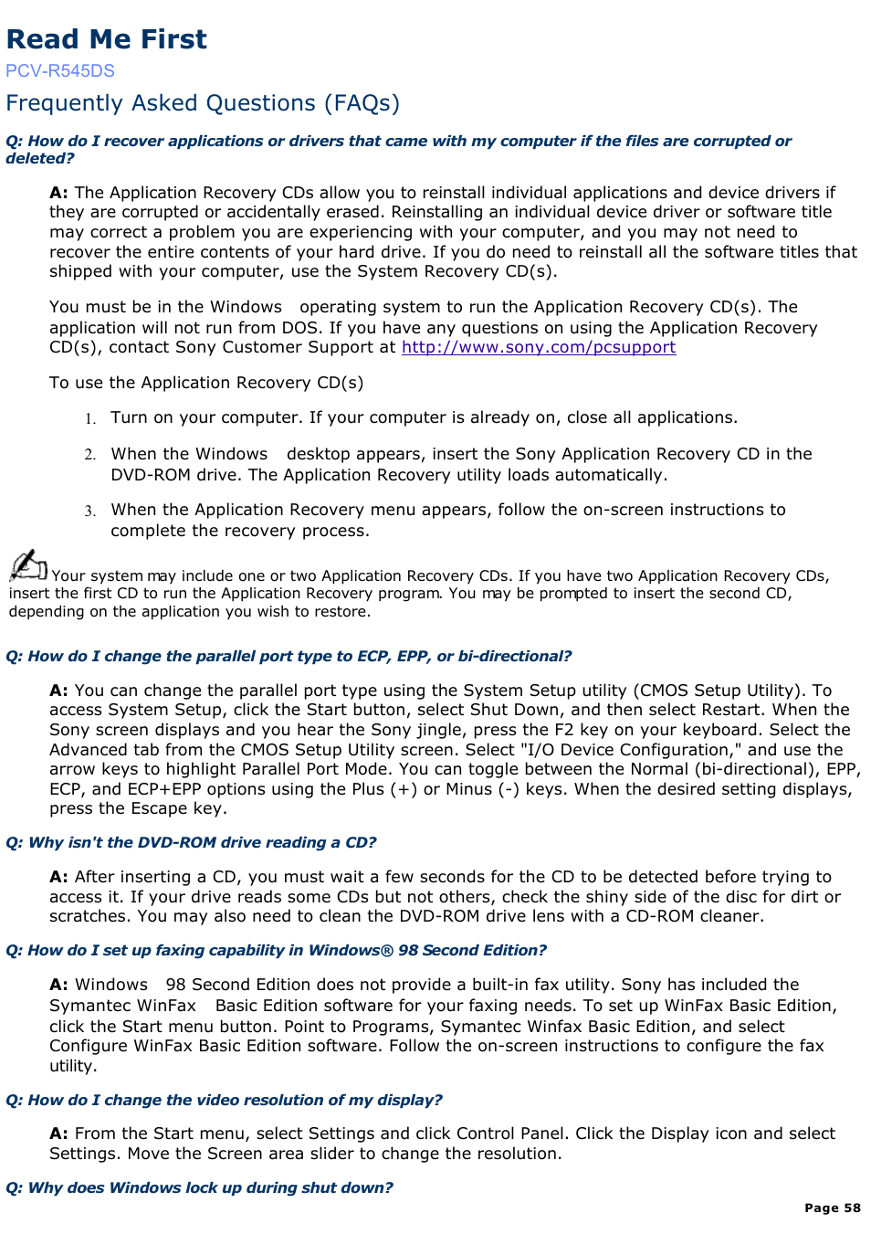 For answers to your software questions, Read me first, Frequently asked questions (faqs) | Sony PCV-R545DS User Manual | Page 58 / 439