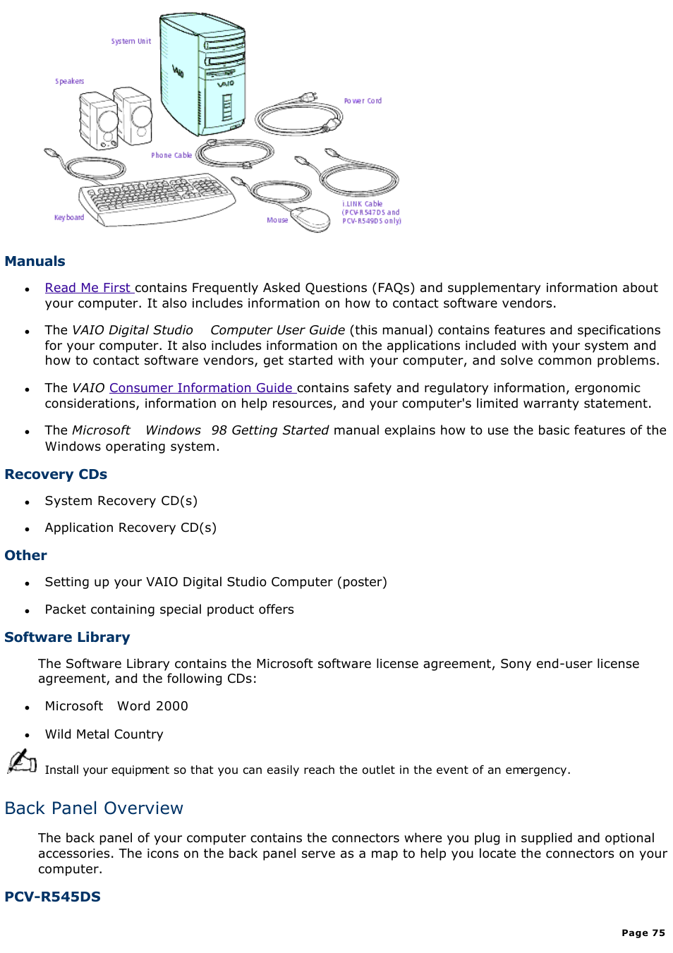 Back panel overview | Sony PCV-R545DS User Manual | Page 75 / 439