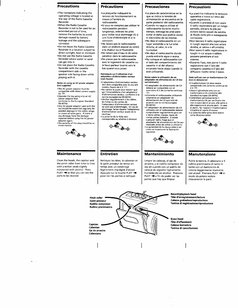 Precautions, Maintenance, Précautions | Entretien, Precauciones, Mantenimiento, Precauzioni, Manutenzione | Sony CFM-2300 User Manual | Page 6 / 8