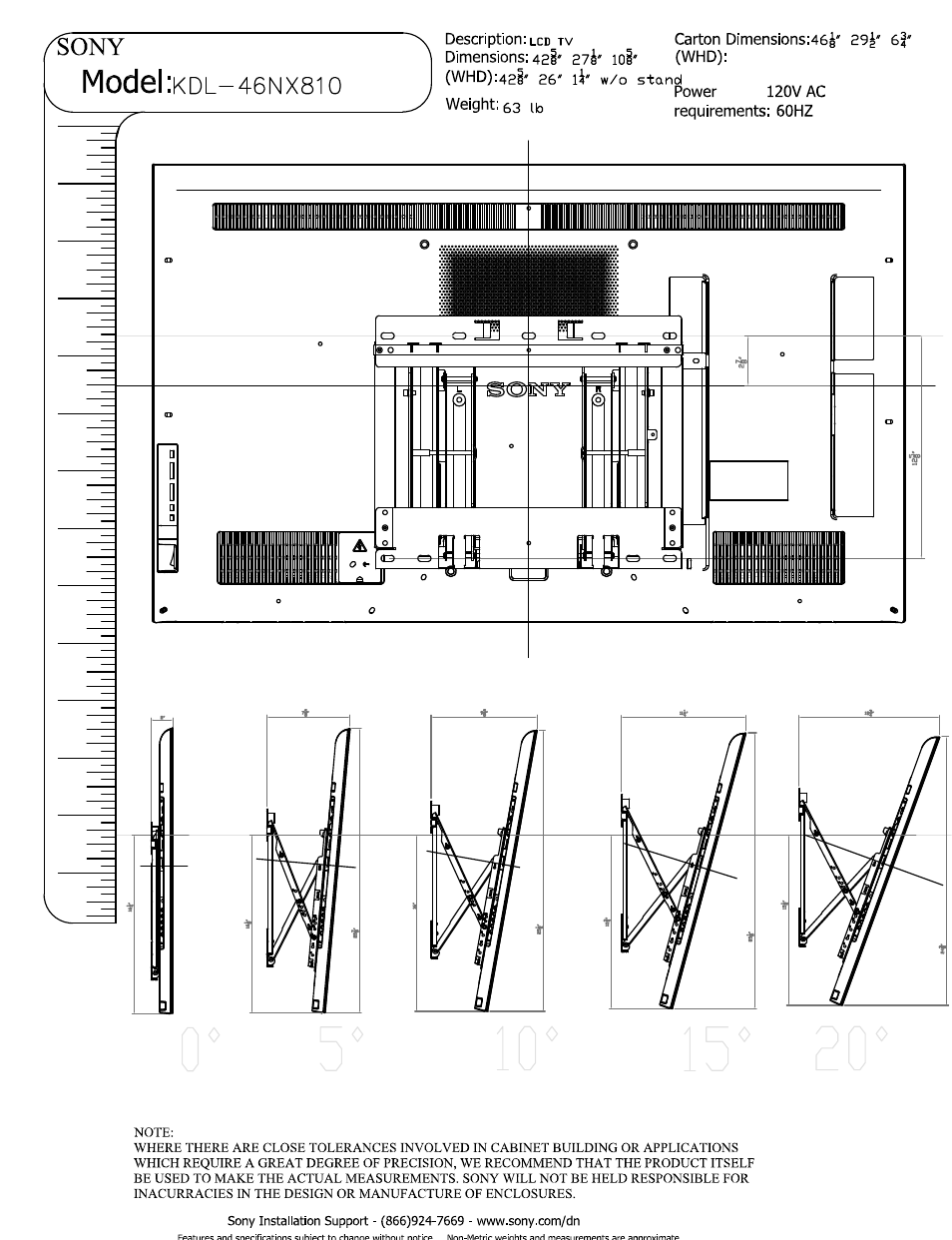 Carton dimensions:46j'’ 29^' 6?' log' (whd), Power 120v ac, Weight: 53 uo requirements: 60hz | Model | Sony KDL-46NX810 User Manual | Page 3 / 3