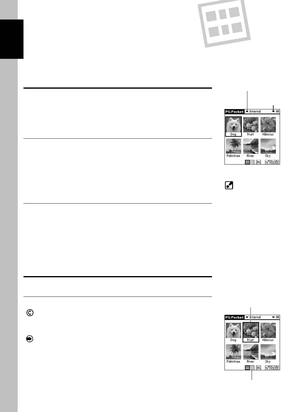 Specifying storage and category, Specifying a storage location, Specifying a category | Selecting a picture, Selecting a picture in [preview mode, Viewing and organizing pictures | Sony PEG-S360 User Manual | Page 12 / 31