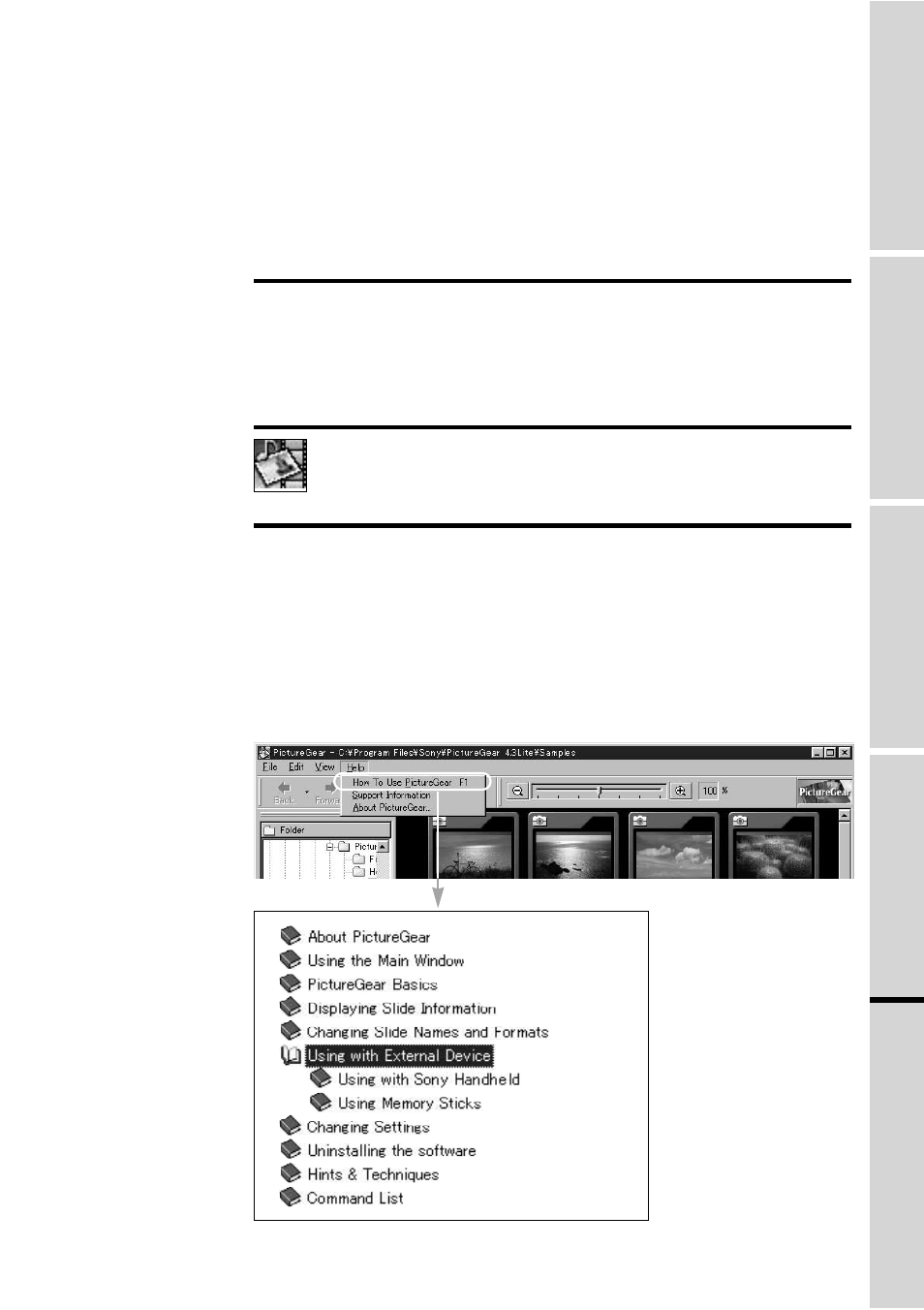 Installation of picturegear lite, Start, Help | Sony PEG-S360 User Manual | Page 27 / 31