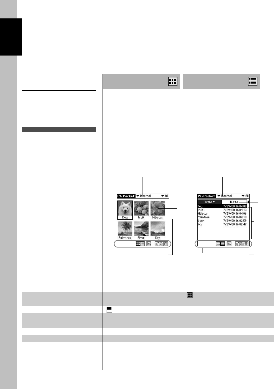 Display mode and functions, Preview mode (selection mode), List mode (selection mode) | Setup and startup, Preview mode, List mode | Sony PEG-S360 User Manual | Page 8 / 31