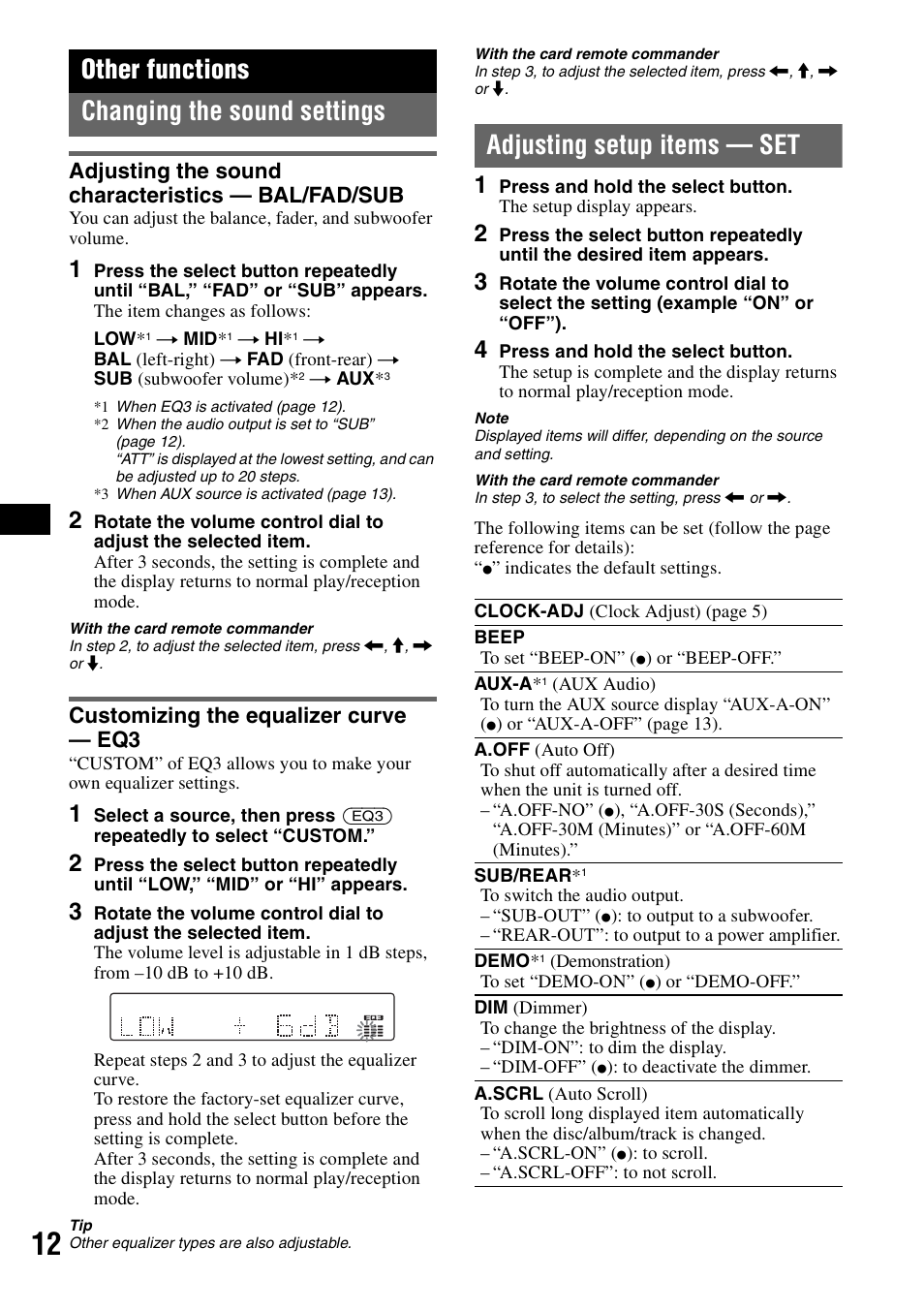 Other functions, Changing the sound settings, Adjusting the sound characteristics - bal/fad/sub | Customizing the equalizer curve - eq3, Adjusting setup items - set, Adjusting setup items — set, On 12, Other functions changing the sound settings, Adjusting the sound characteristics — bal/fad/sub, Customizing the equalizer curve — eq3 | Sony CDX-GT61UI User Manual | Page 12 / 44