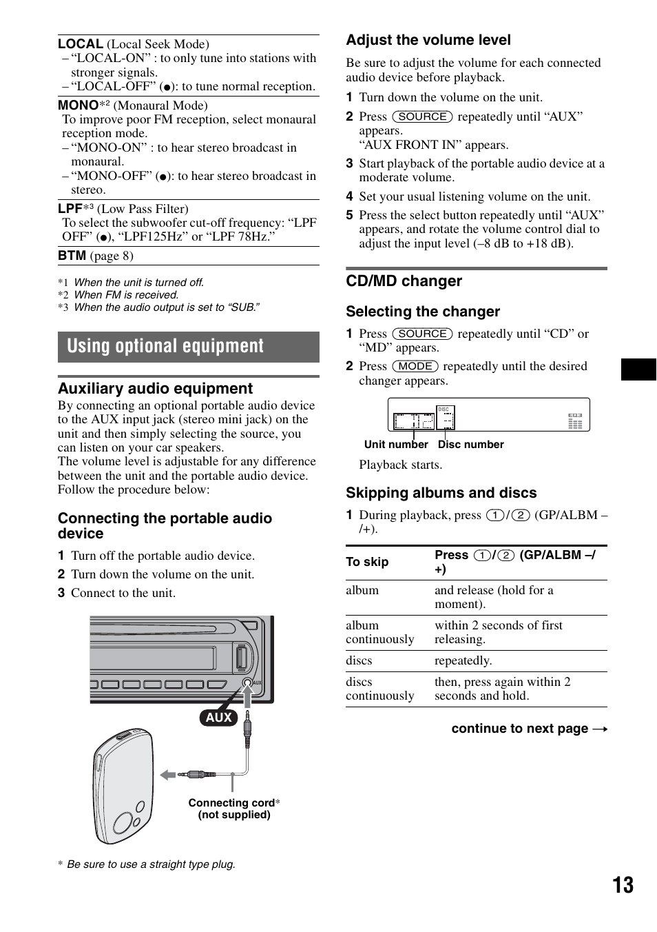 Using optional equipment, Auxiliary audio equipment, Cd/md changer | Auxiliary audio equipment cd/md changer | Sony CDX-GT61UI User Manual | Page 13 / 44