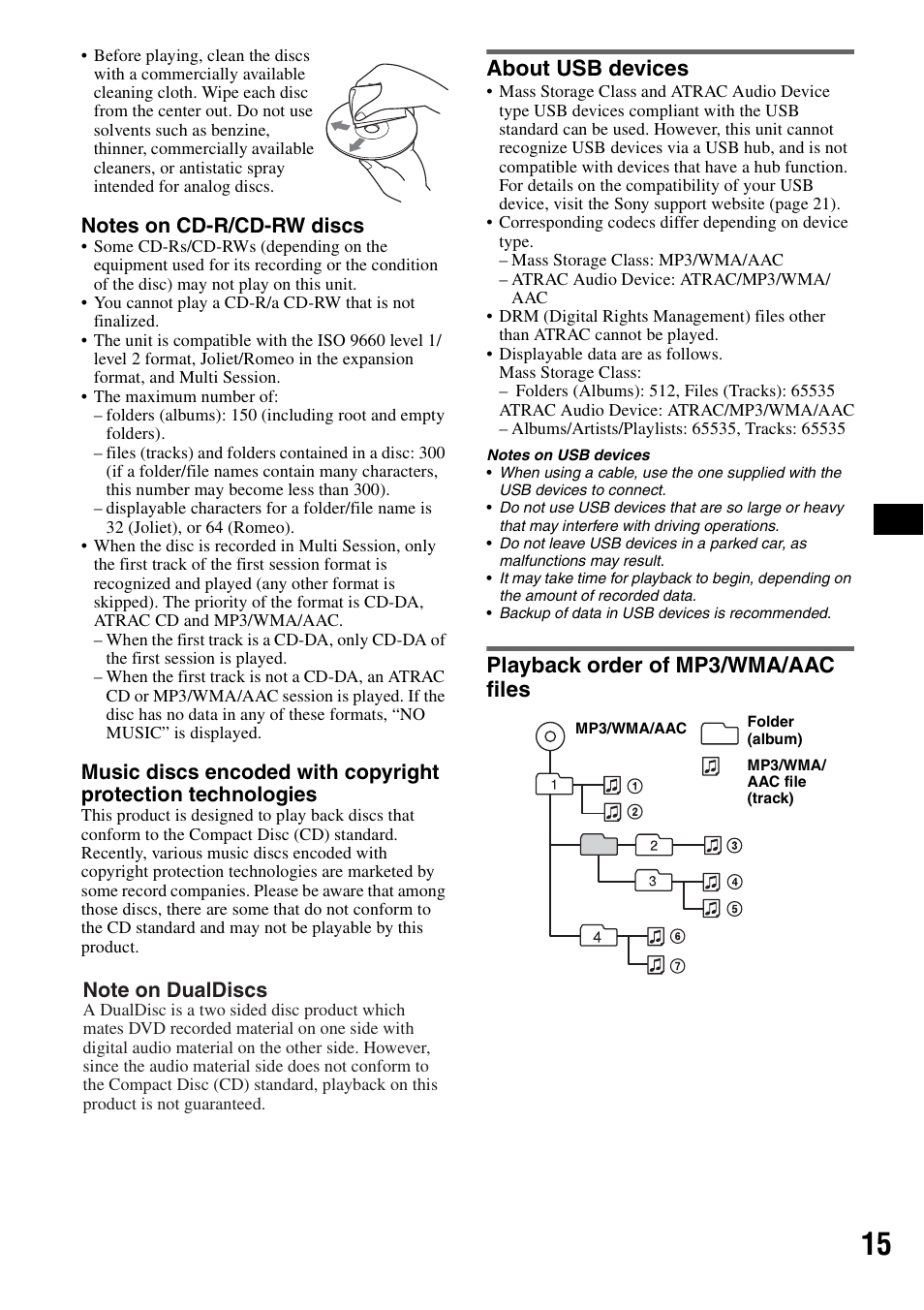 About usb devices, Playback order of mp3/wma/aac files | Sony CDX-GT61UI User Manual | Page 15 / 44