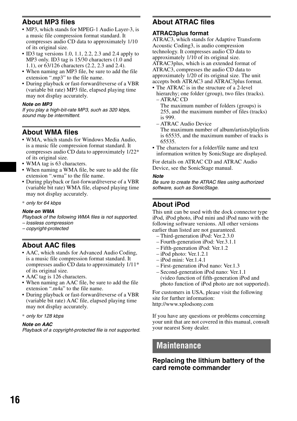 About mp3 files, About wma files, About aac files | About atrac files, About ipod, Maintenance | Sony CDX-GT61UI User Manual | Page 16 / 44