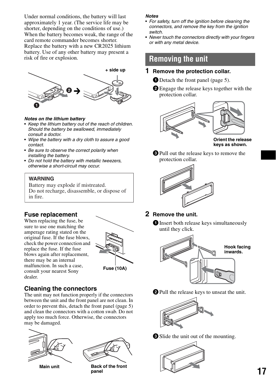 Removing the unit | Sony CDX-GT61UI User Manual | Page 17 / 44