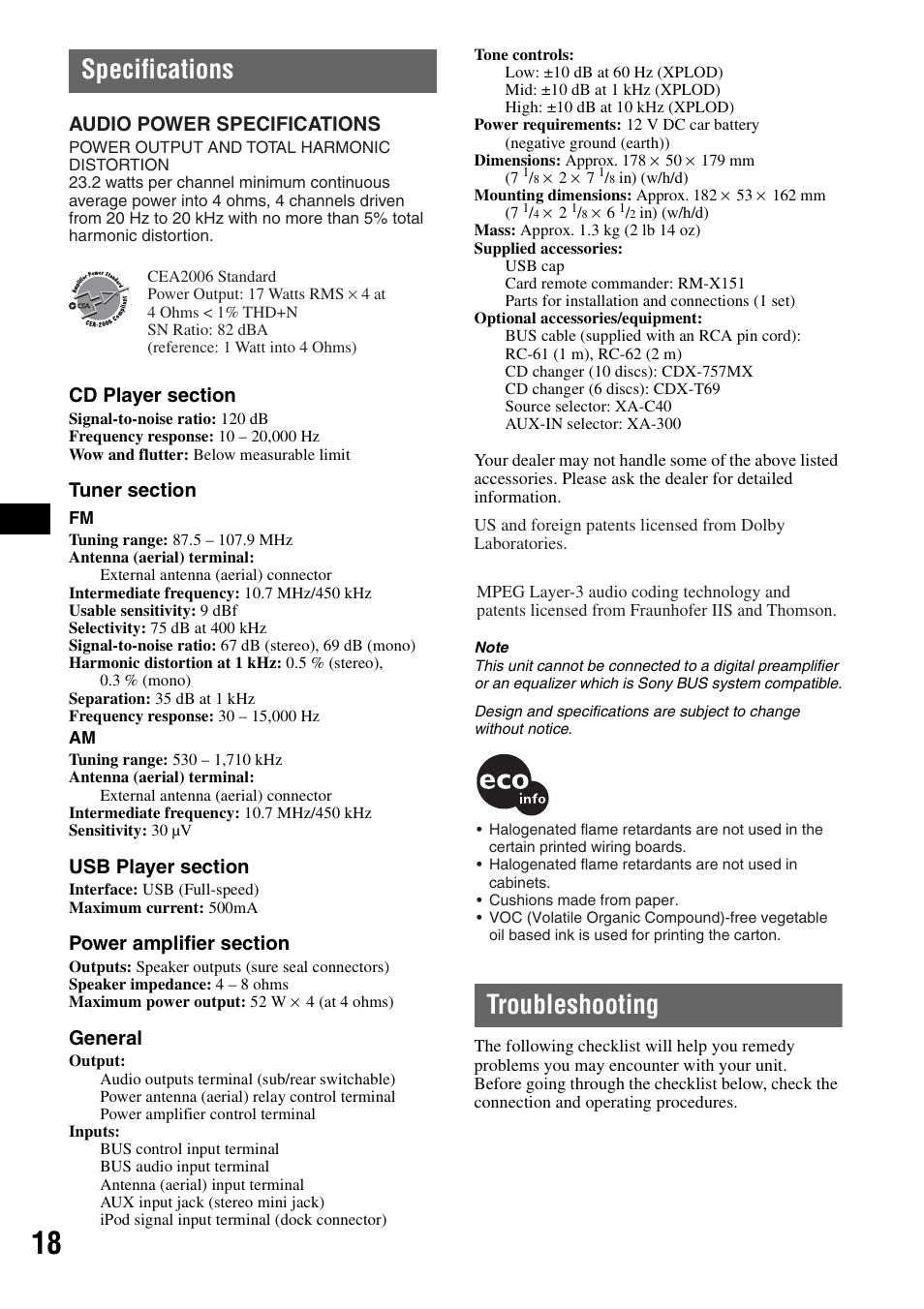 Specifications, Troubleshooting, Specifications troubleshooting | General, Audio power specifications | Sony CDX-GT61UI User Manual | Page 18 / 44