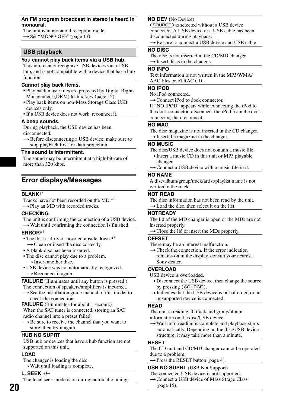 Error displays/messages | Sony CDX-GT61UI User Manual | Page 20 / 44