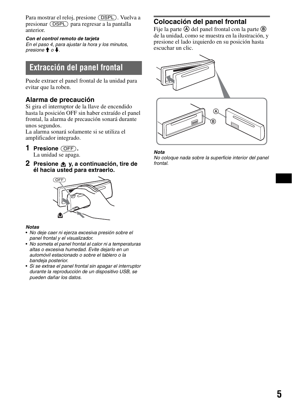 Extracción del panel frontal, Colocación del panel frontal | Sony CDX-GT61UI User Manual | Page 25 / 44