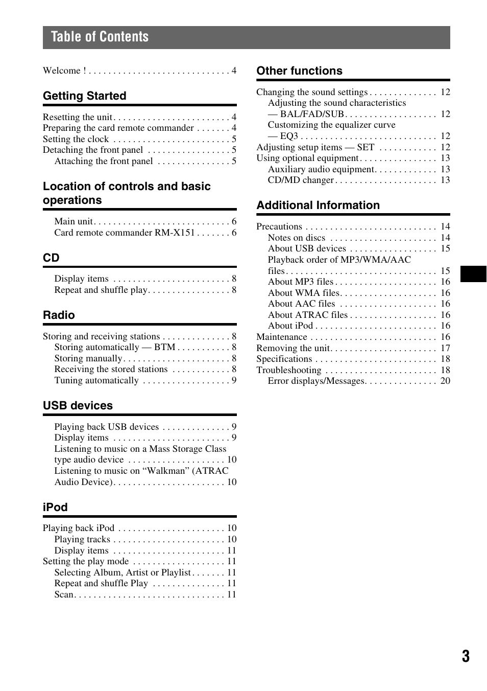 Sony CDX-GT61UI User Manual | Page 3 / 44