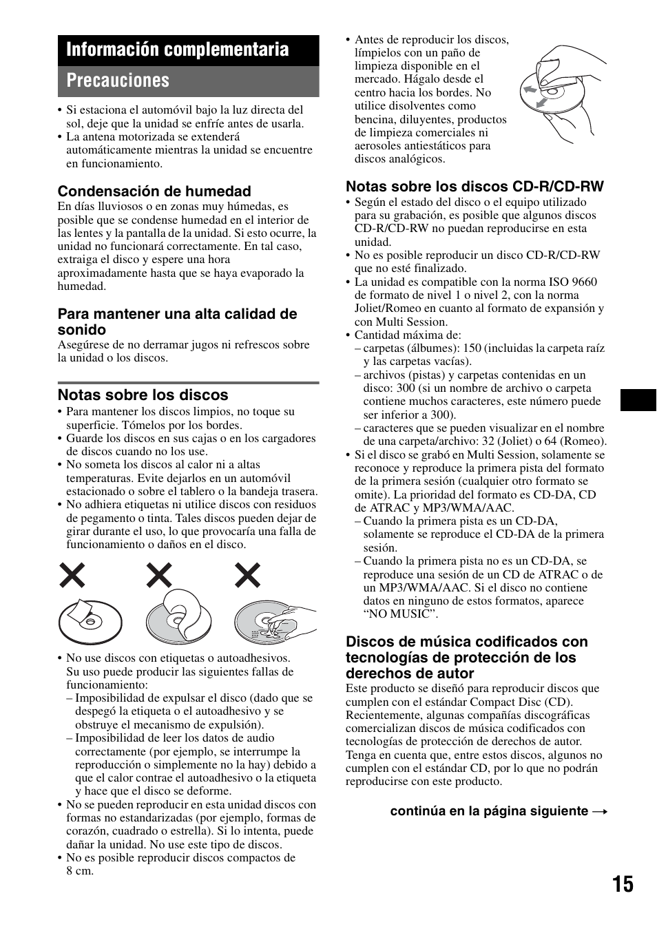 Información complementaria, Precauciones, Notas sobre los discos | Información complementaria precauciones | Sony CDX-GT61UI User Manual | Page 35 / 44
