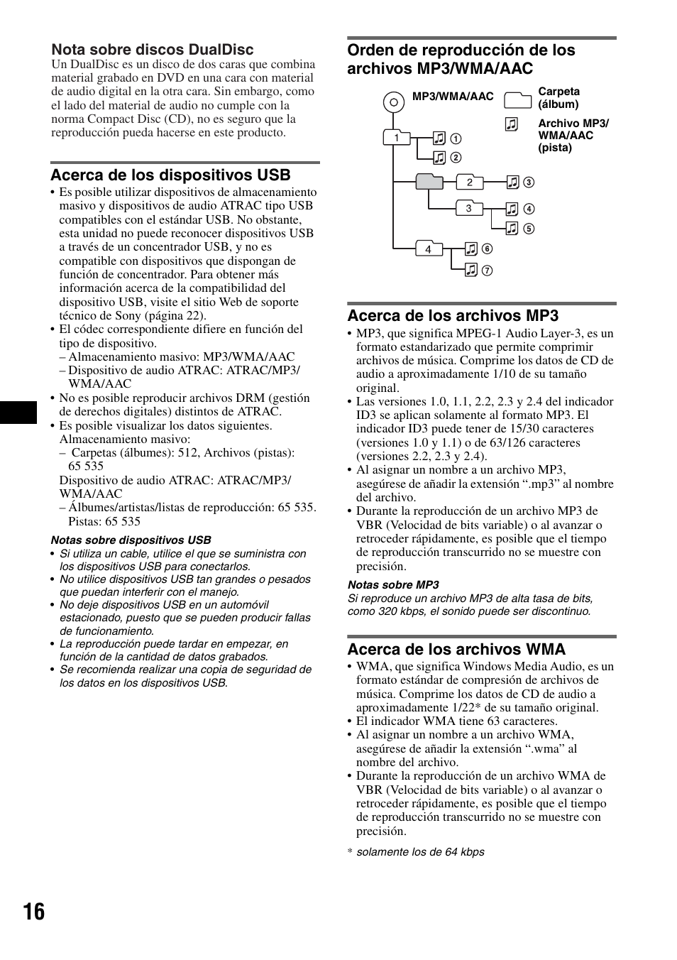 Acerca de los dispositivos usb, Orden de reproducción de los archivos mp3/wma/aac, Acerca de los archivos mp3 | Acerca de los archivos wma, Nota sobre discos dualdisc | Sony CDX-GT61UI User Manual | Page 36 / 44