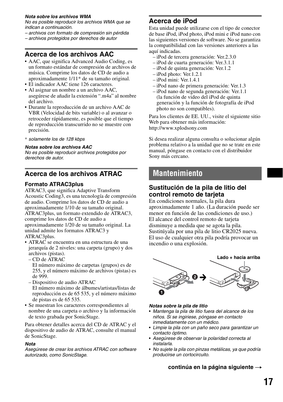 Acerca de los archivos aac, Acerca de los archivos atrac, Acerca de ipod | Mantenimiento | Sony CDX-GT61UI User Manual | Page 37 / 44