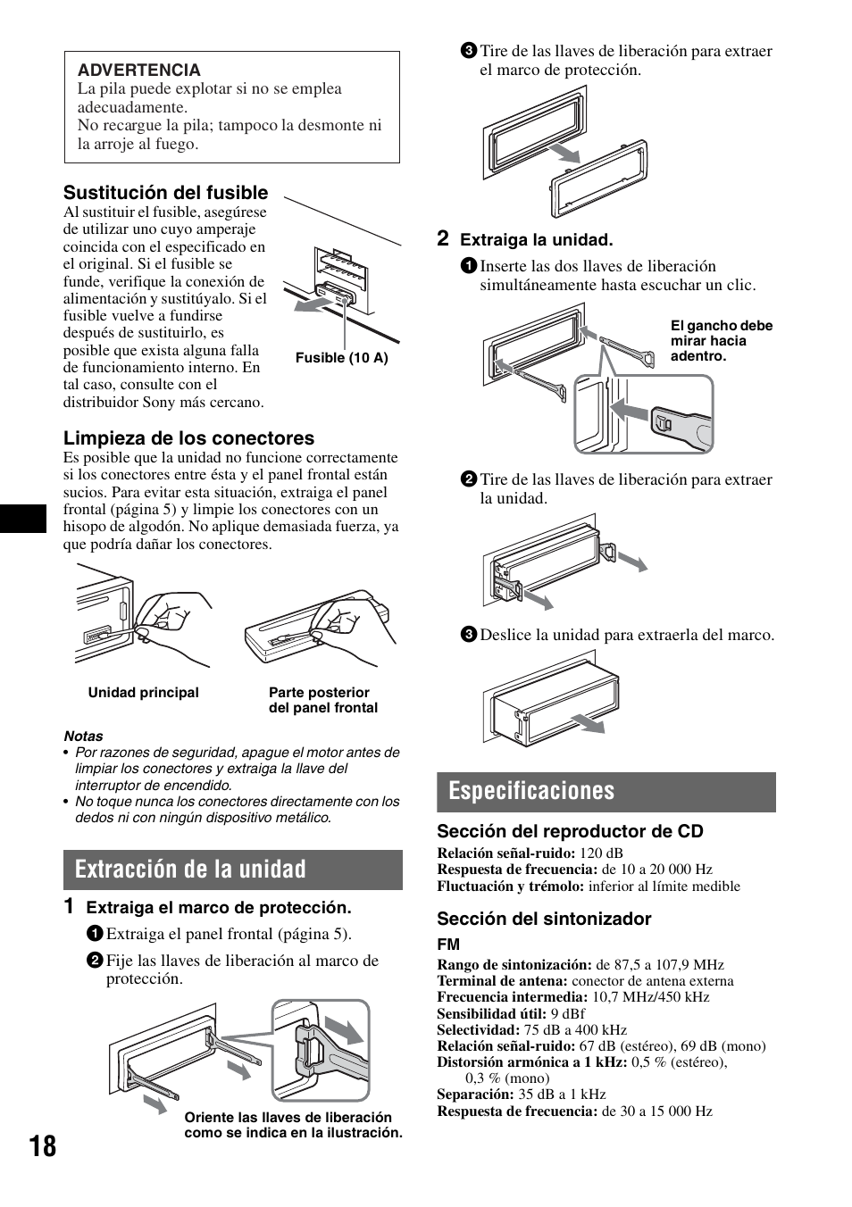 Extracción de la unidad, Especificaciones, Extracción de la unidad especificaciones | Sony CDX-GT61UI User Manual | Page 38 / 44