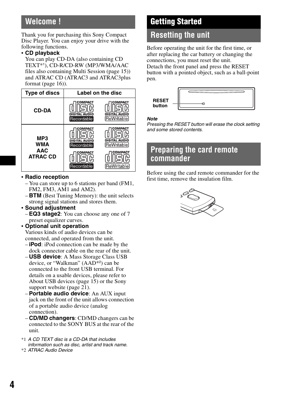 Welcome, Getting started, Resetting the unit | Preparing the card remote commander, Getting started resetting the unit | Sony CDX-GT61UI User Manual | Page 4 / 44