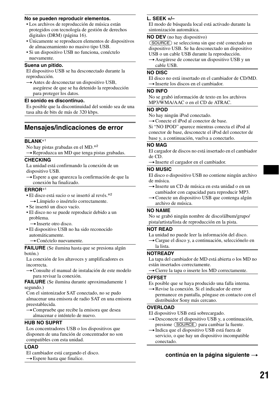 Mensajes/indicaciones de error | Sony CDX-GT61UI User Manual | Page 41 / 44