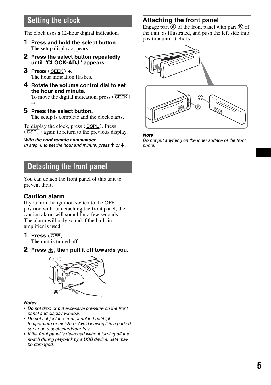 Setting the clock, Detaching the front panel, Attaching the front panel | Setting the clock detaching the front panel | Sony CDX-GT61UI User Manual | Page 5 / 44