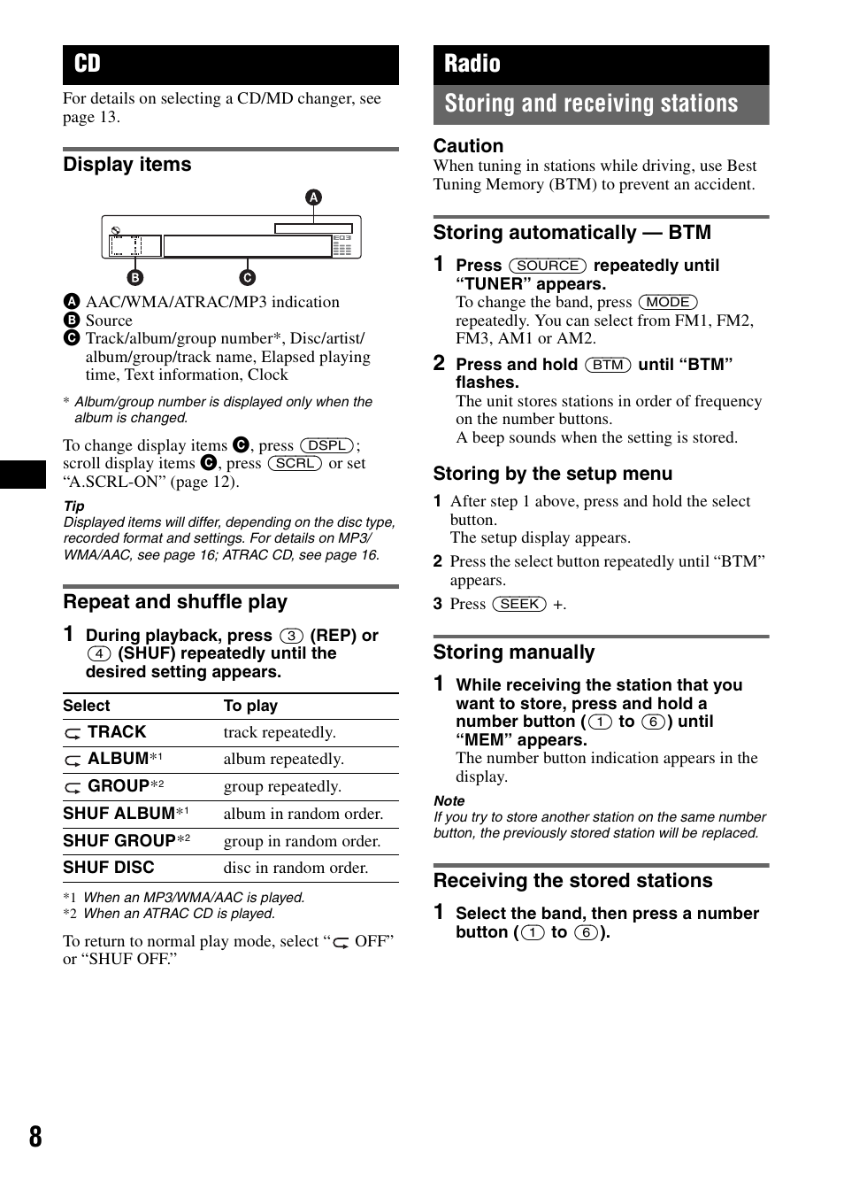 Display items, Repeat and shuffle play, Radio | Storing and receiving stations, Storing automatically - btm, Storing manually, Receiving the stored stations, Display items repeat and shuffle play, Ep 8, Huf 8 | Sony CDX-GT61UI User Manual | Page 8 / 44