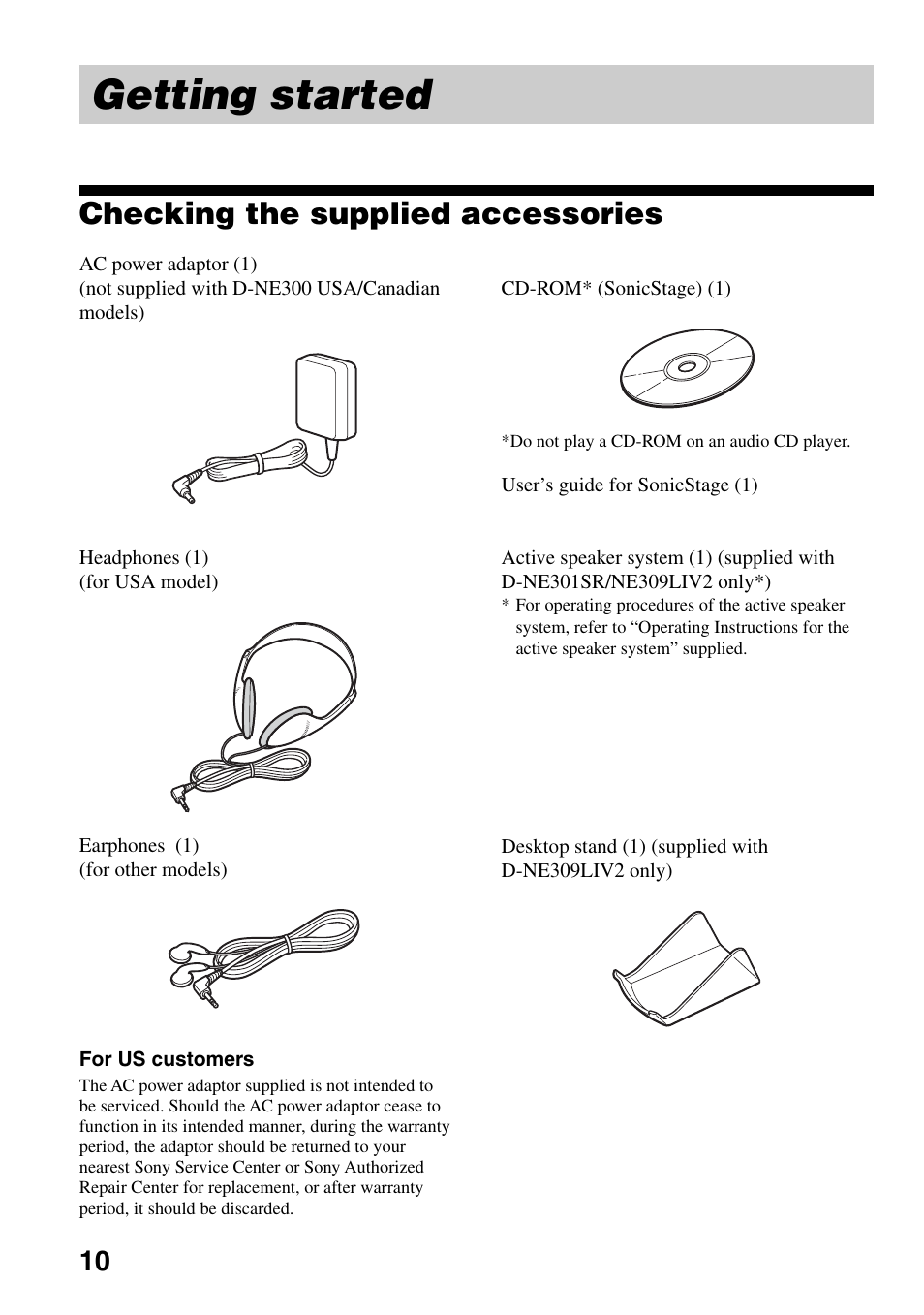 Getting started, Checking the supplied accessories | Sony D-NE309LIV2 User Manual | Page 10 / 36