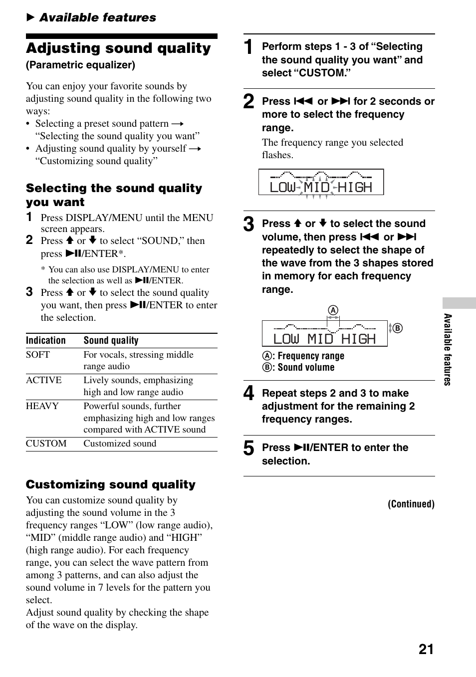 Available features, Adjusting sound quality (parametric equalizer), Adjusting sound quality | Parametric equalizer), Low mid high | Sony D-NE309LIV2 User Manual | Page 21 / 36