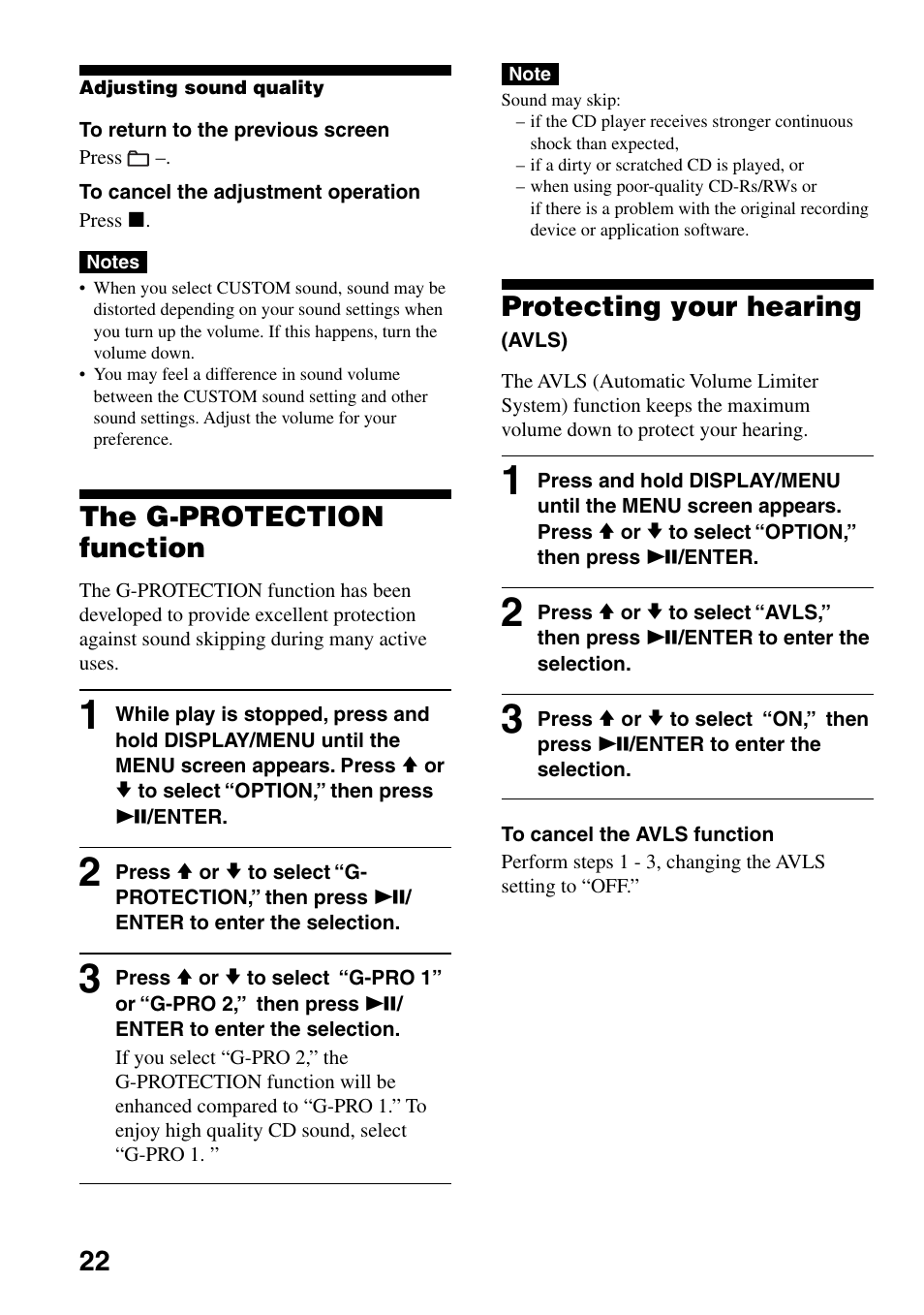 The g-protection function, Protecting your hearing (avls), Protecting your hearing | Sony D-NE309LIV2 User Manual | Page 22 / 36