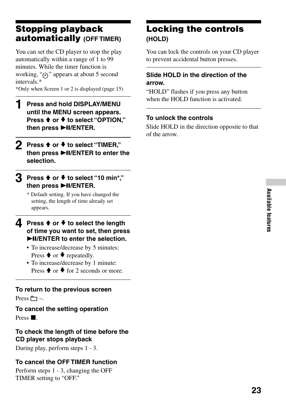 Stopping playback automatically (off timer), Locking the controls (hold), Stopping playback automatically | Off timer), 23 stopping playback automatically, Locking the controls | Sony D-NE309LIV2 User Manual | Page 23 / 36