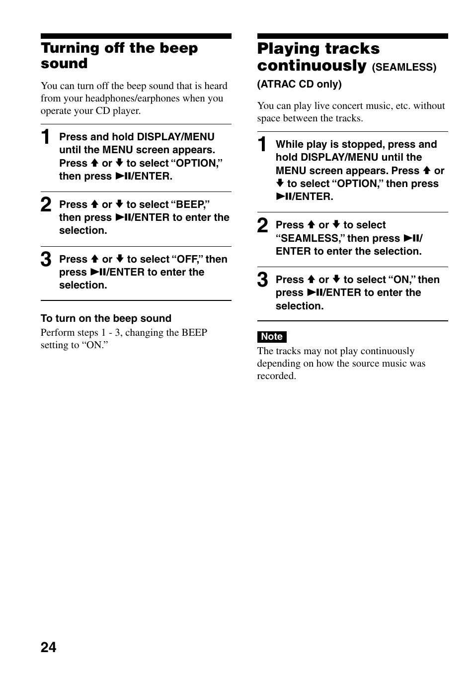 Turning off the beep sound, Playing tracks continuously, Seamless) (atrac cd only) | 24 turning off the beep sound | Sony D-NE309LIV2 User Manual | Page 24 / 36
