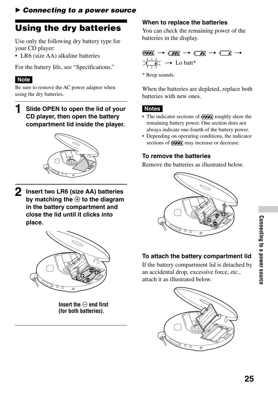 Connecting to a power source, Using the dry batteries | Sony D-NE309LIV2 User Manual | Page 25 / 36