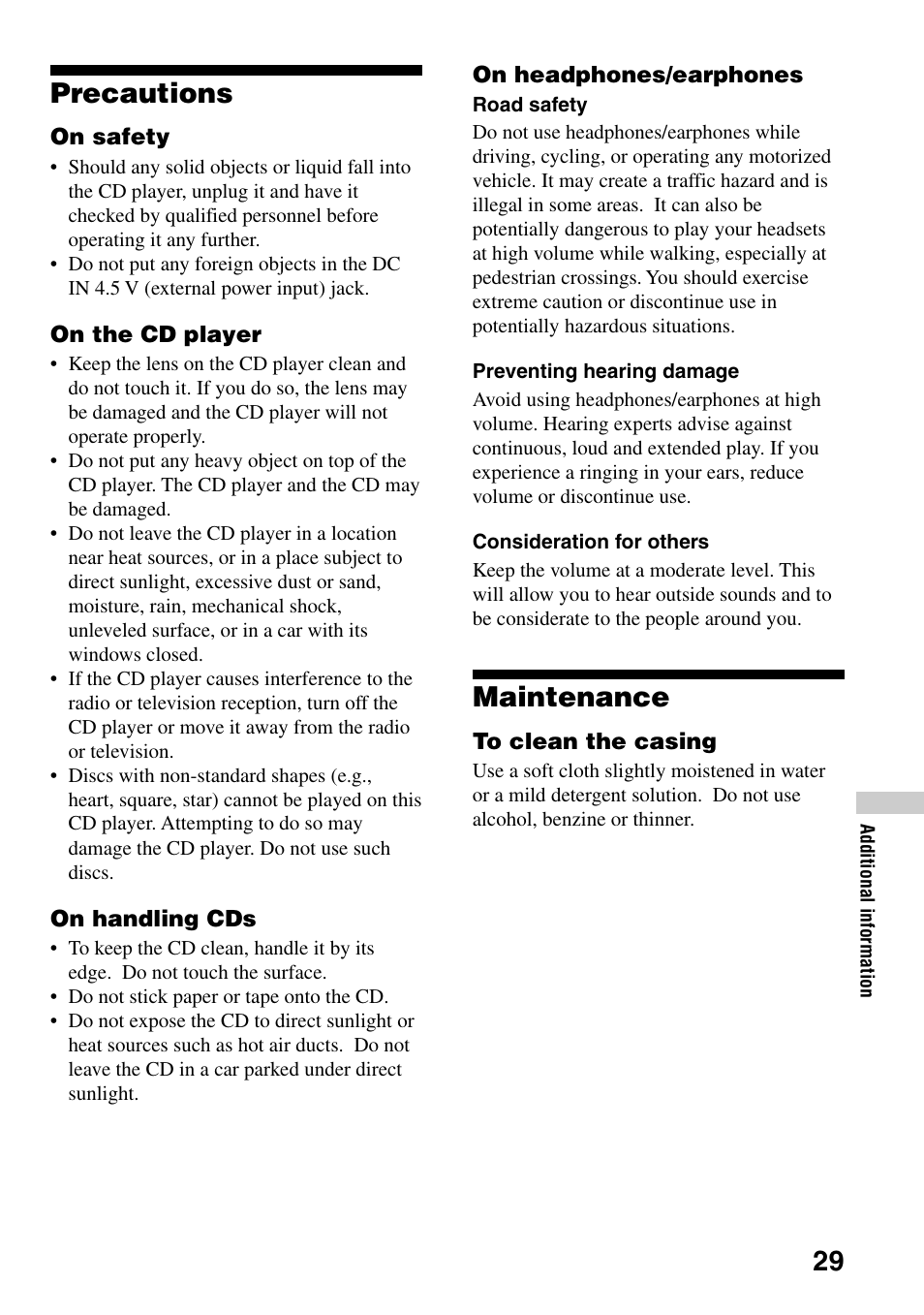 Precautions, Maintenance | Sony D-NE309LIV2 User Manual | Page 29 / 36