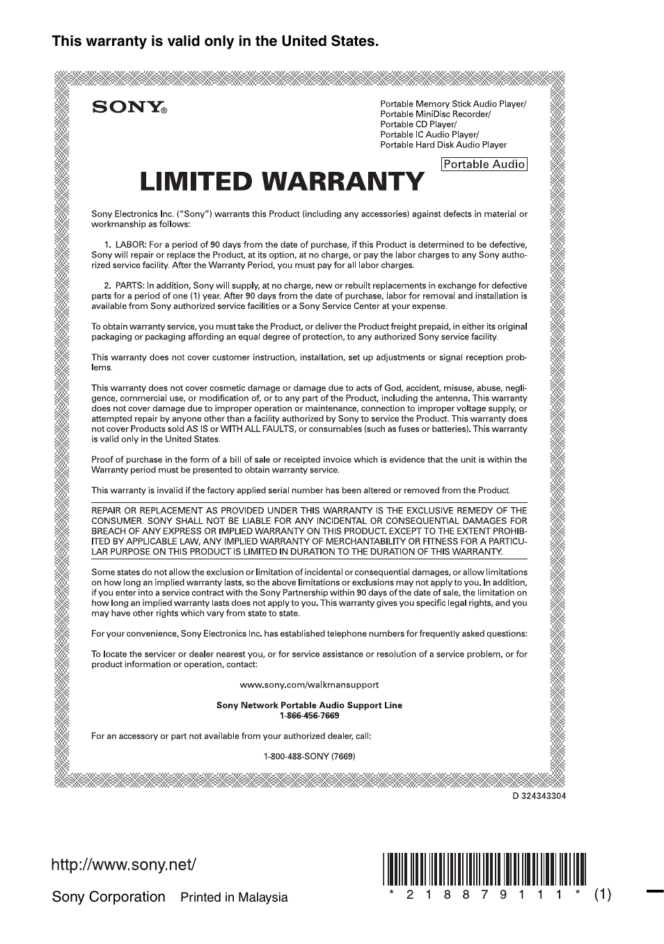 Sony corporation, This warranty is valid only in the united states | Sony D-NE309LIV2 User Manual | Page 36 / 36