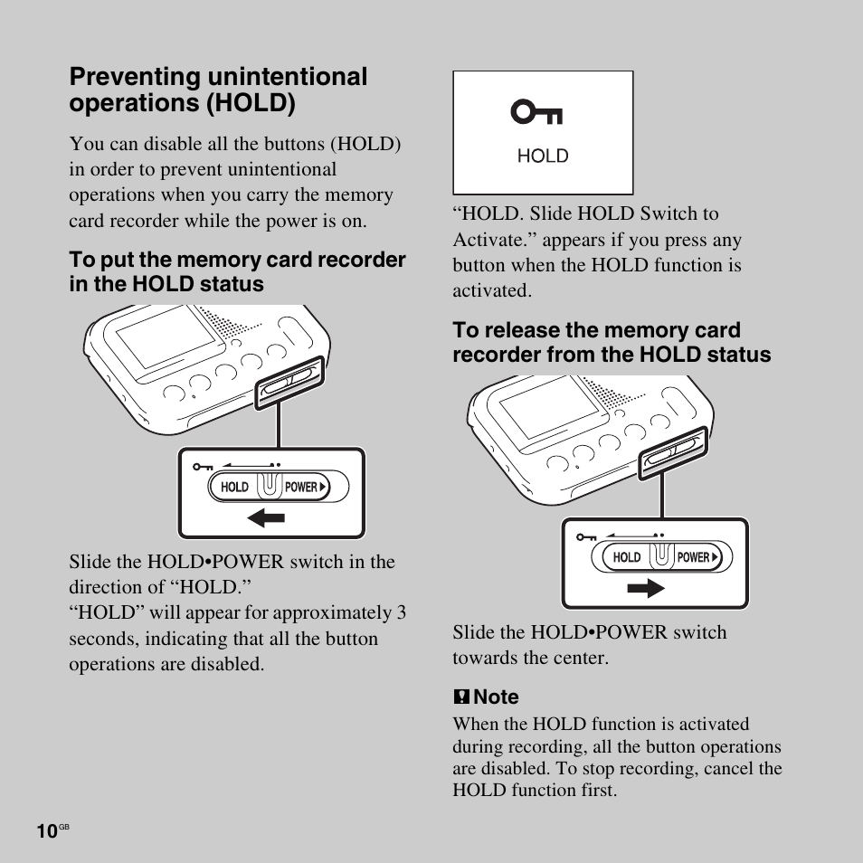 Preventing unintentional operations (hold) | Sony ICD-LX30 User Manual | Page 10 / 59