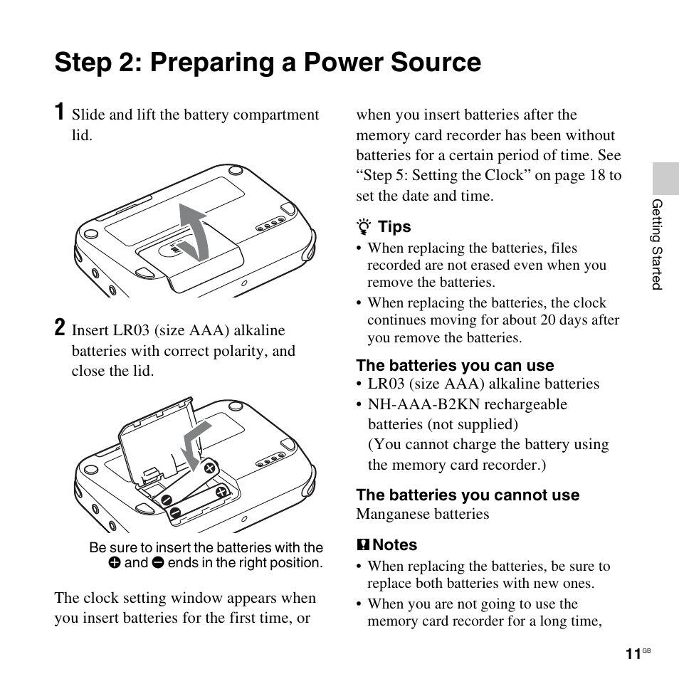 Step 2: preparing a power source | Sony ICD-LX30 User Manual | Page 11 / 59