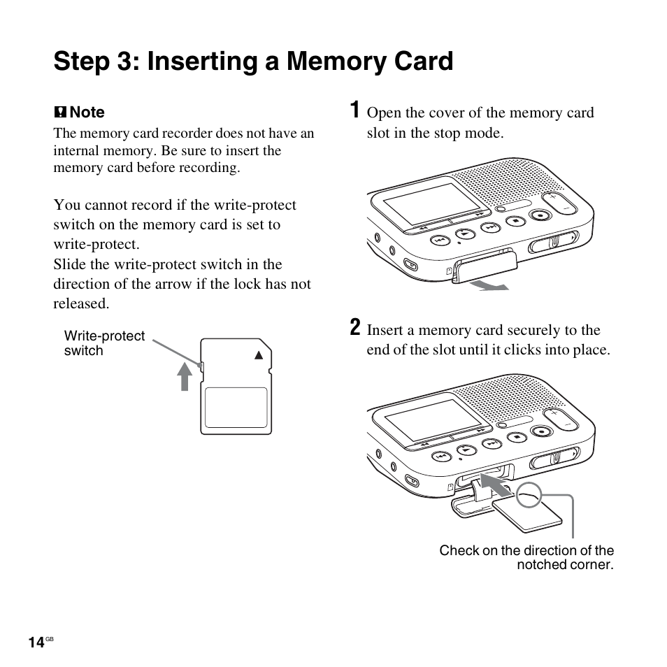 Step 3: inserting a memory card | Sony ICD-LX30 User Manual | Page 14 / 59