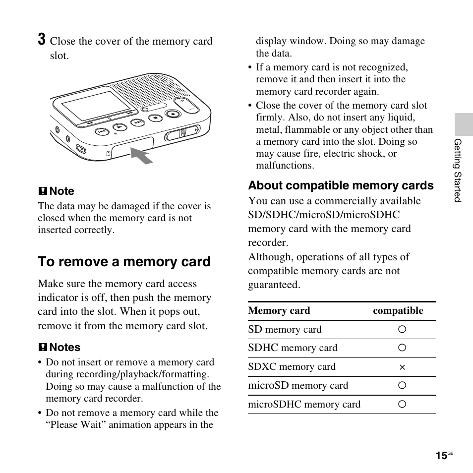 To remove a memory card | Sony ICD-LX30 User Manual | Page 15 / 59