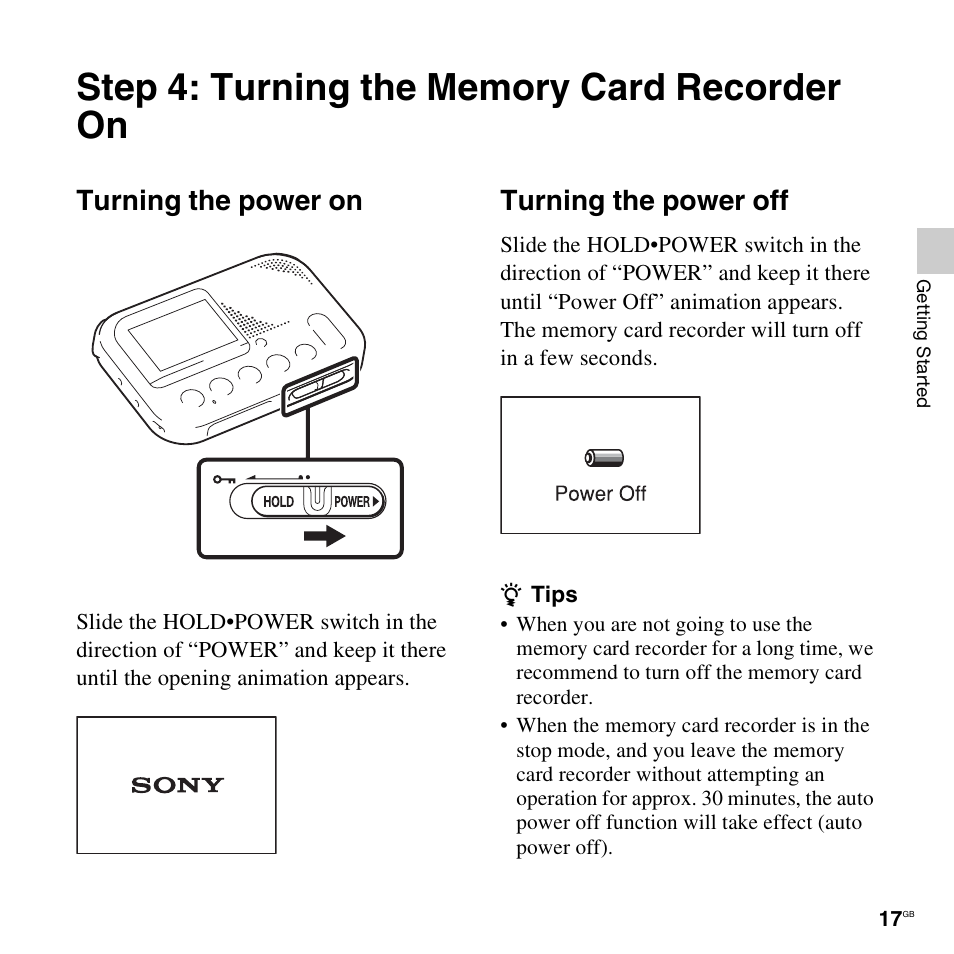 Step 4: turning the memory card recorder on, Turning the power on, Turning the power off | Turning the power on turning the power off | Sony ICD-LX30 User Manual | Page 17 / 59