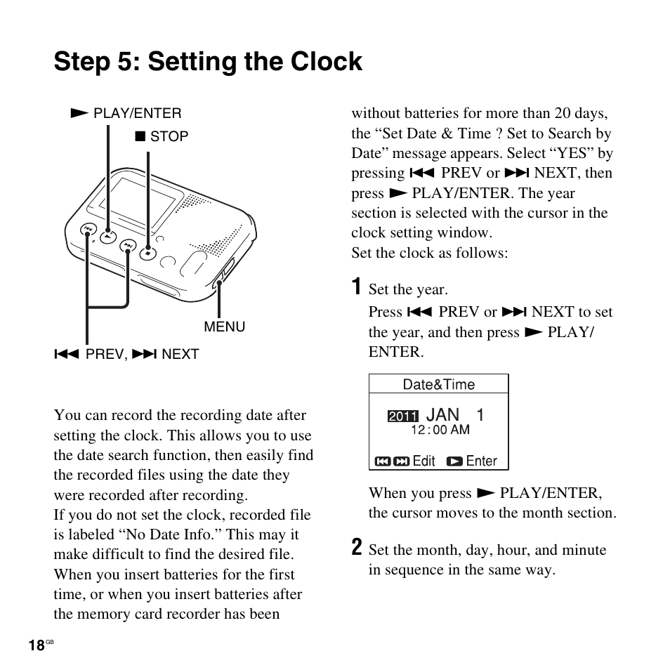 Step 5: setting the clock | Sony ICD-LX30 User Manual | Page 18 / 59