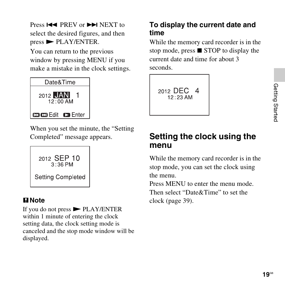 Setting the clock using the menu | Sony ICD-LX30 User Manual | Page 19 / 59