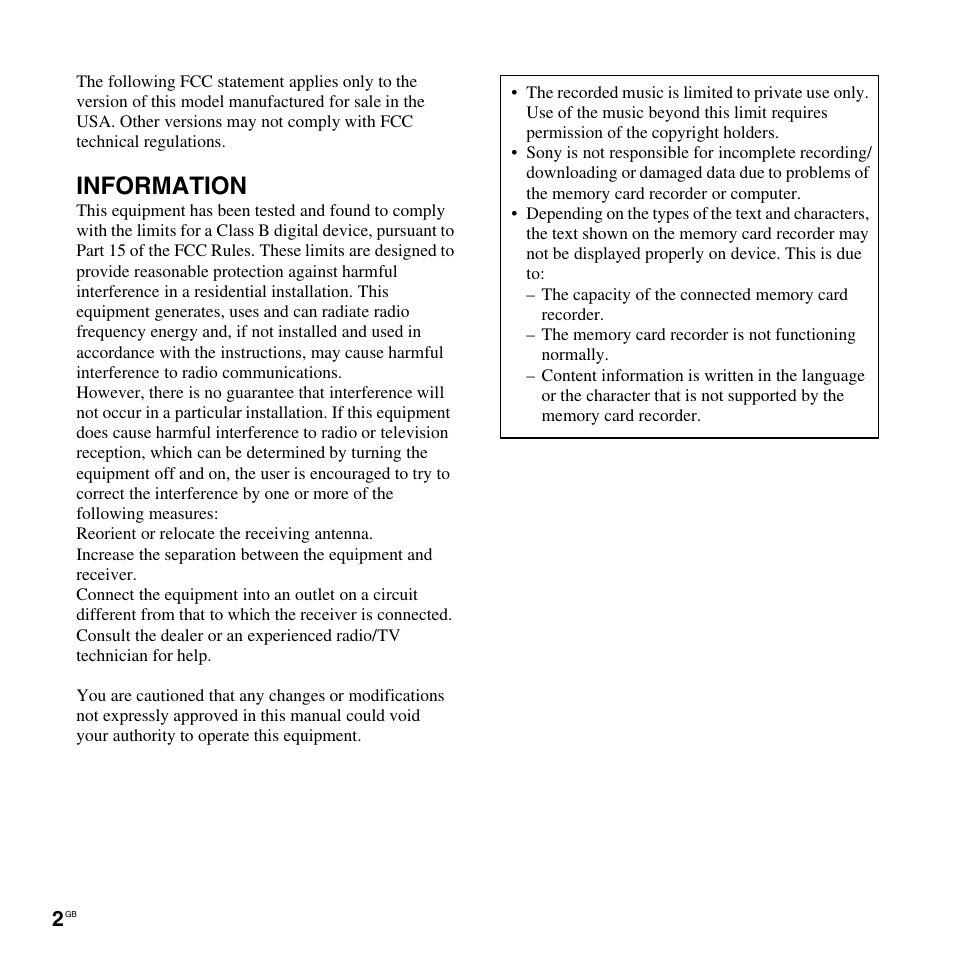 Information | Sony ICD-LX30 User Manual | Page 2 / 59