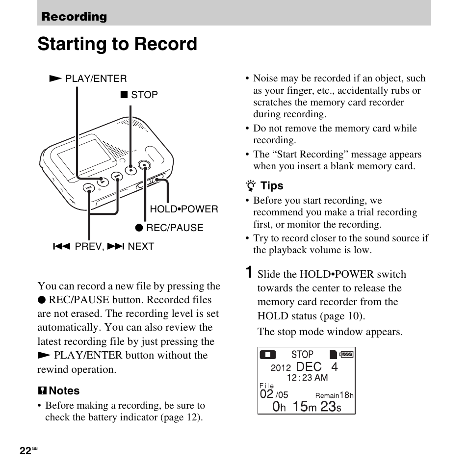 Recording, Starting to record | Sony ICD-LX30 User Manual | Page 22 / 59