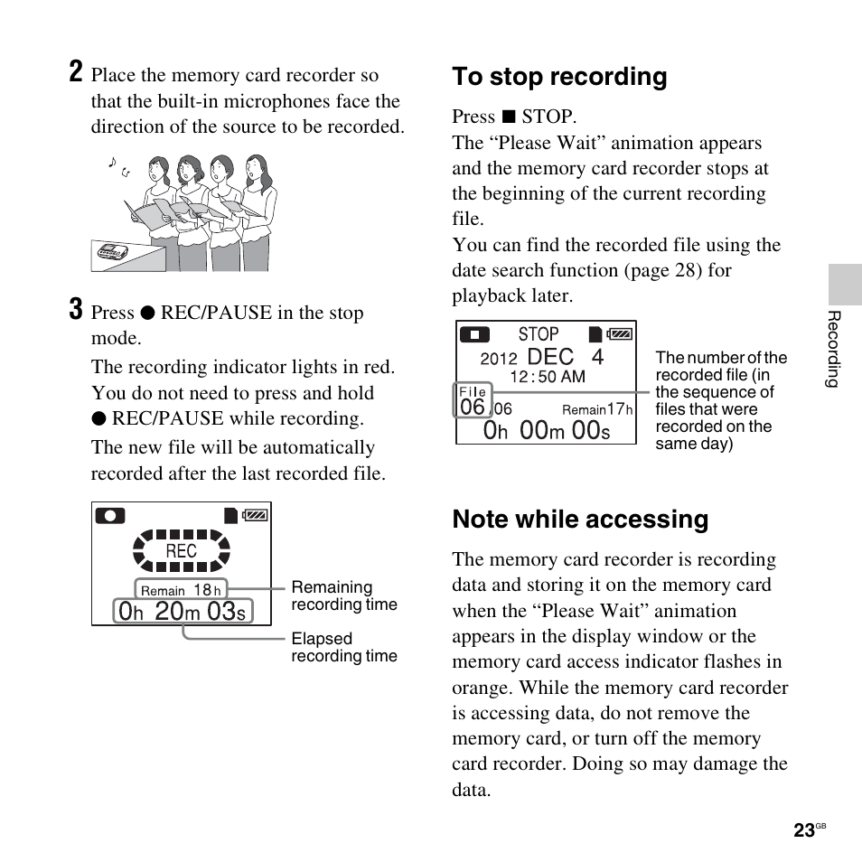 To stop recording, Note while accessing, To stop recording note while accessing | Sony ICD-LX30 User Manual | Page 23 / 59