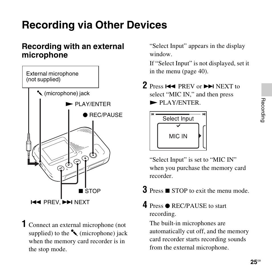 Recording via other devices, Recording with an external microphone | Sony ICD-LX30 User Manual | Page 25 / 59