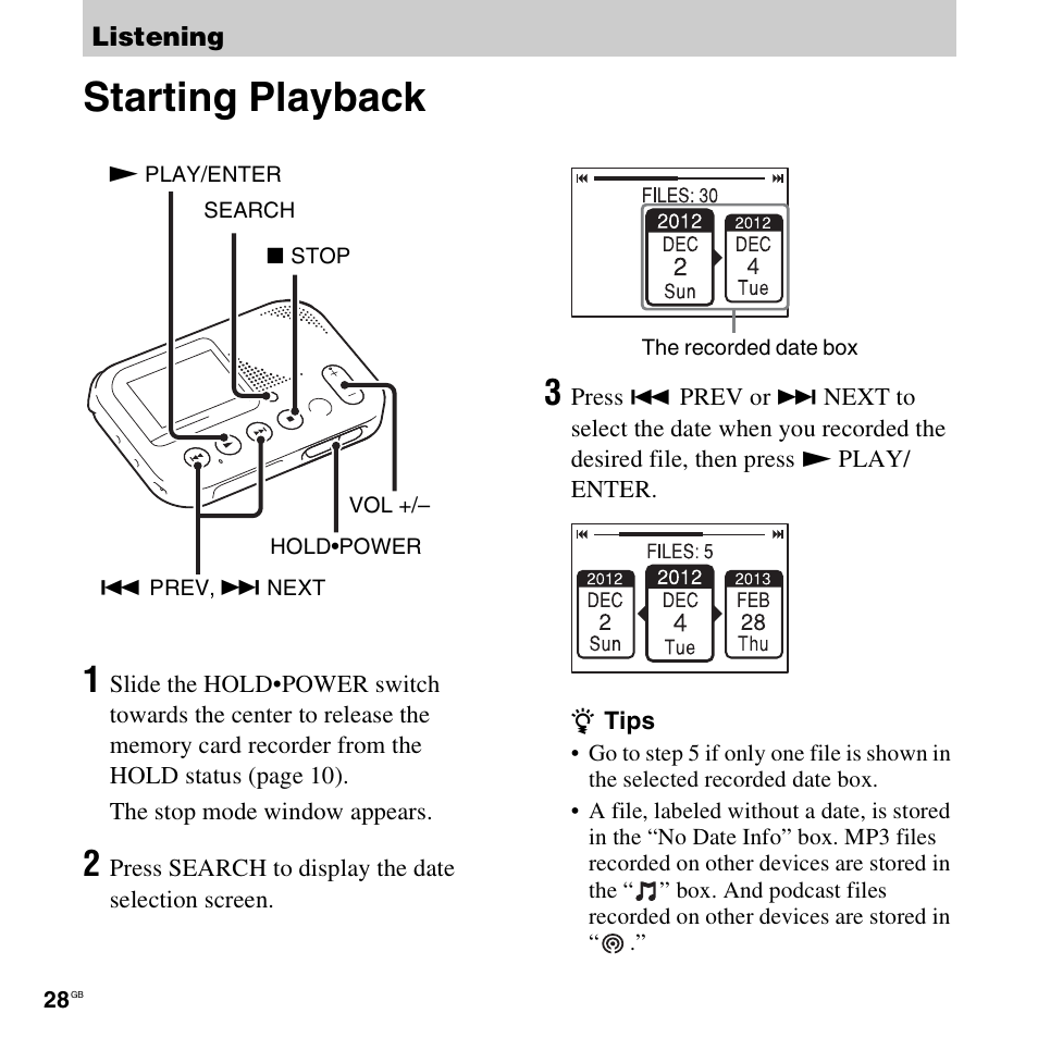 Listening, Starting playback | Sony ICD-LX30 User Manual | Page 28 / 59