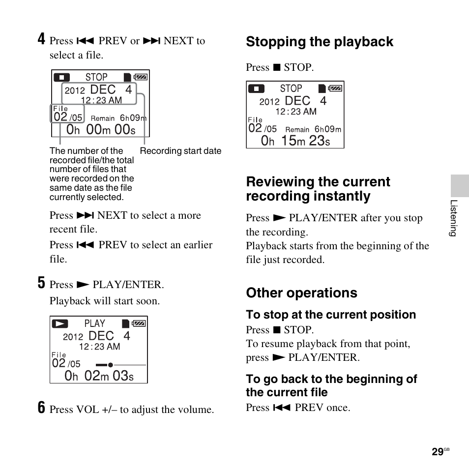 Stopping the playback, Reviewing the current recording instantly, Other operations | Sony ICD-LX30 User Manual | Page 29 / 59