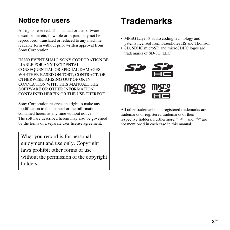 Trademarks, Notice for users | Sony ICD-LX30 User Manual | Page 3 / 59